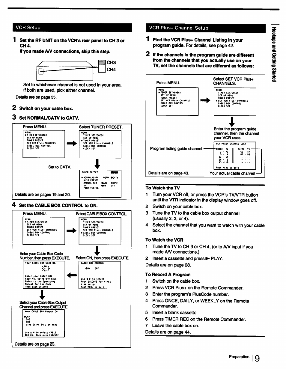 Vcr setup vcr plus+ channel setup | Sony SLV-750HF User Manual | Page 9 / 66