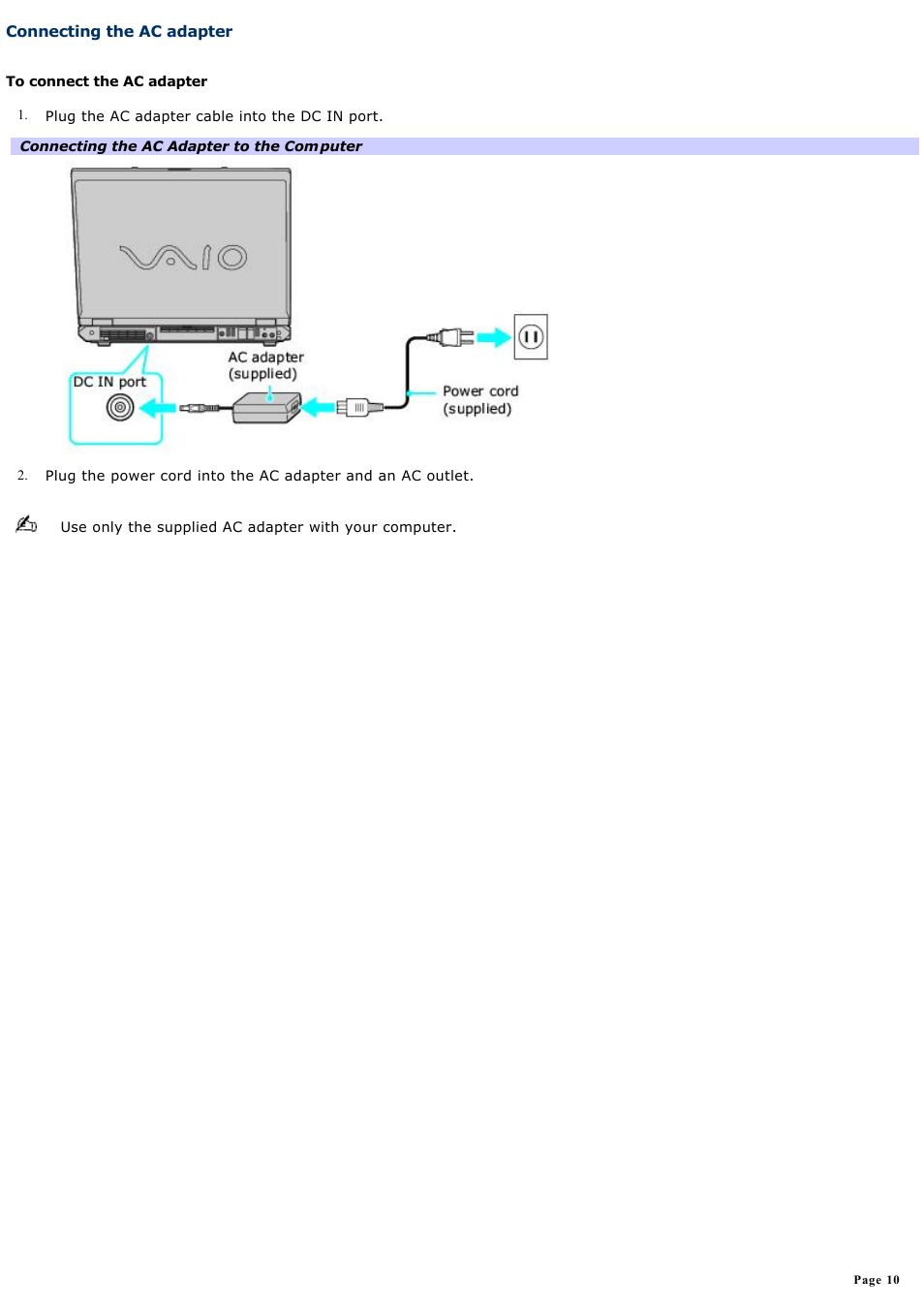 Connecting the ac adapter | Sony PCG-GRT250K User Manual | Page 10 / 187