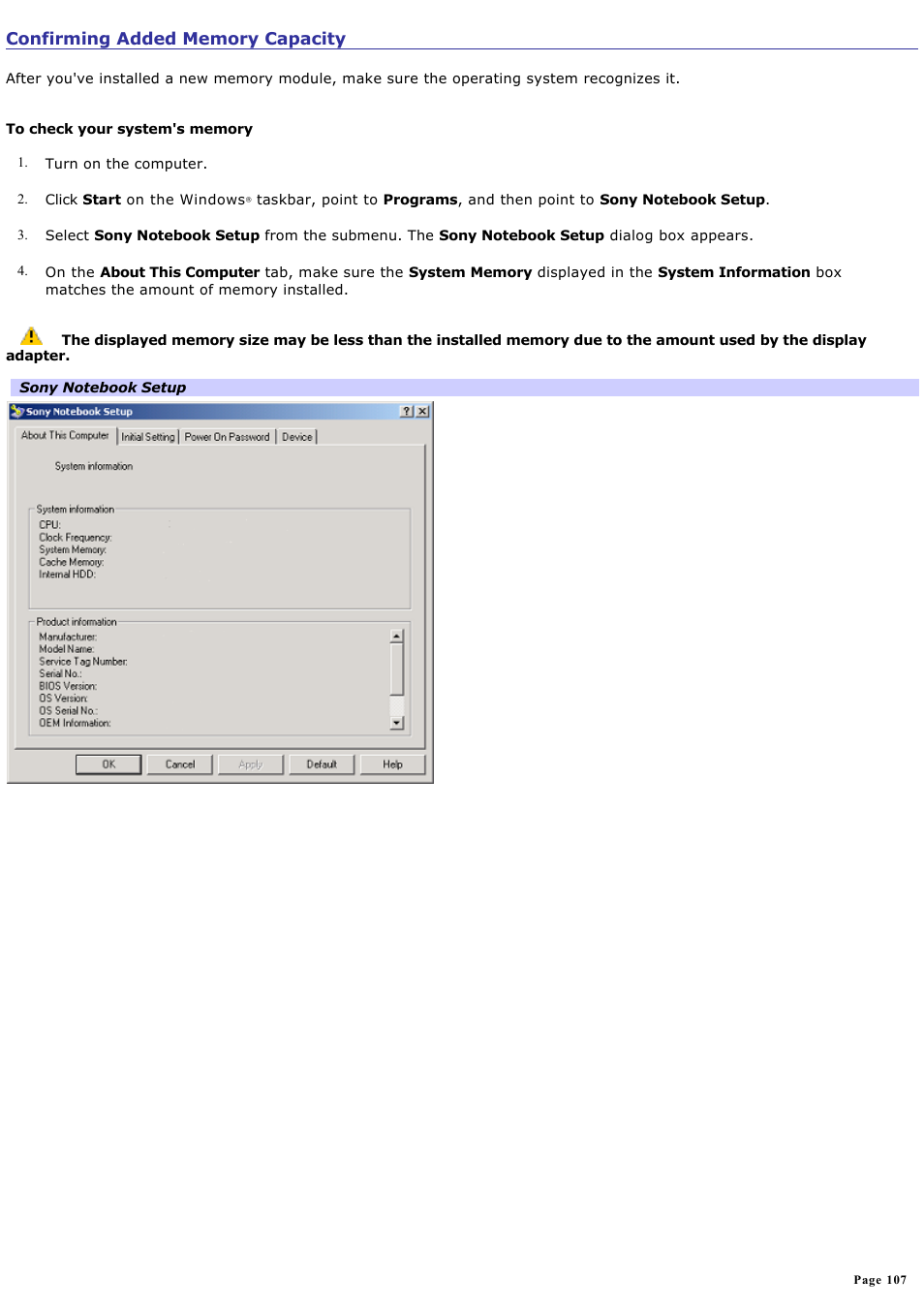 Confirming added memory capacity | Sony PCG-GRT250K User Manual | Page 107 / 187