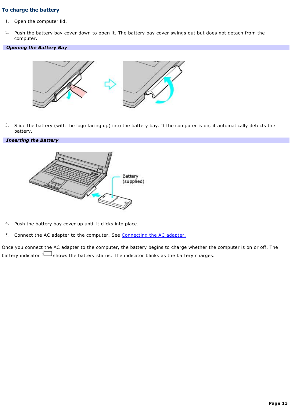 To charge the battery | Sony PCG-GRT250K User Manual | Page 13 / 187