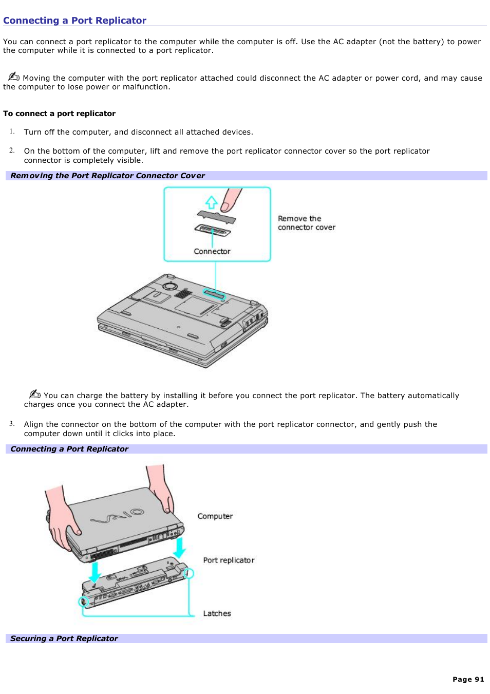 Connecting a port replicator | Sony PCG-GRT250K User Manual | Page 91 / 187