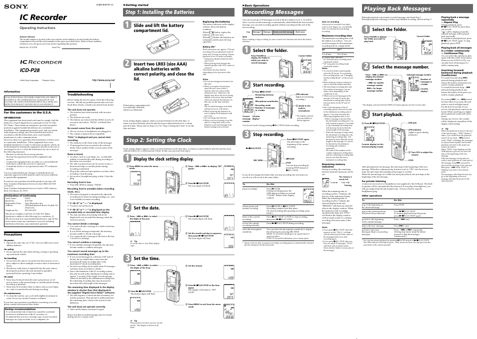 Sony ICD-P28 User Manual | 2 pages