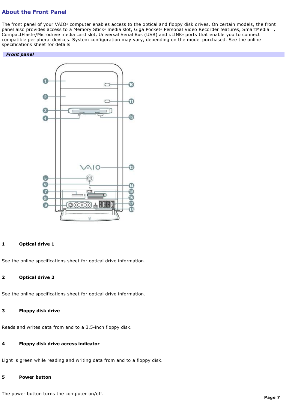 About the front panel | Sony PCV-RS500C User Manual | Page 7 / 143