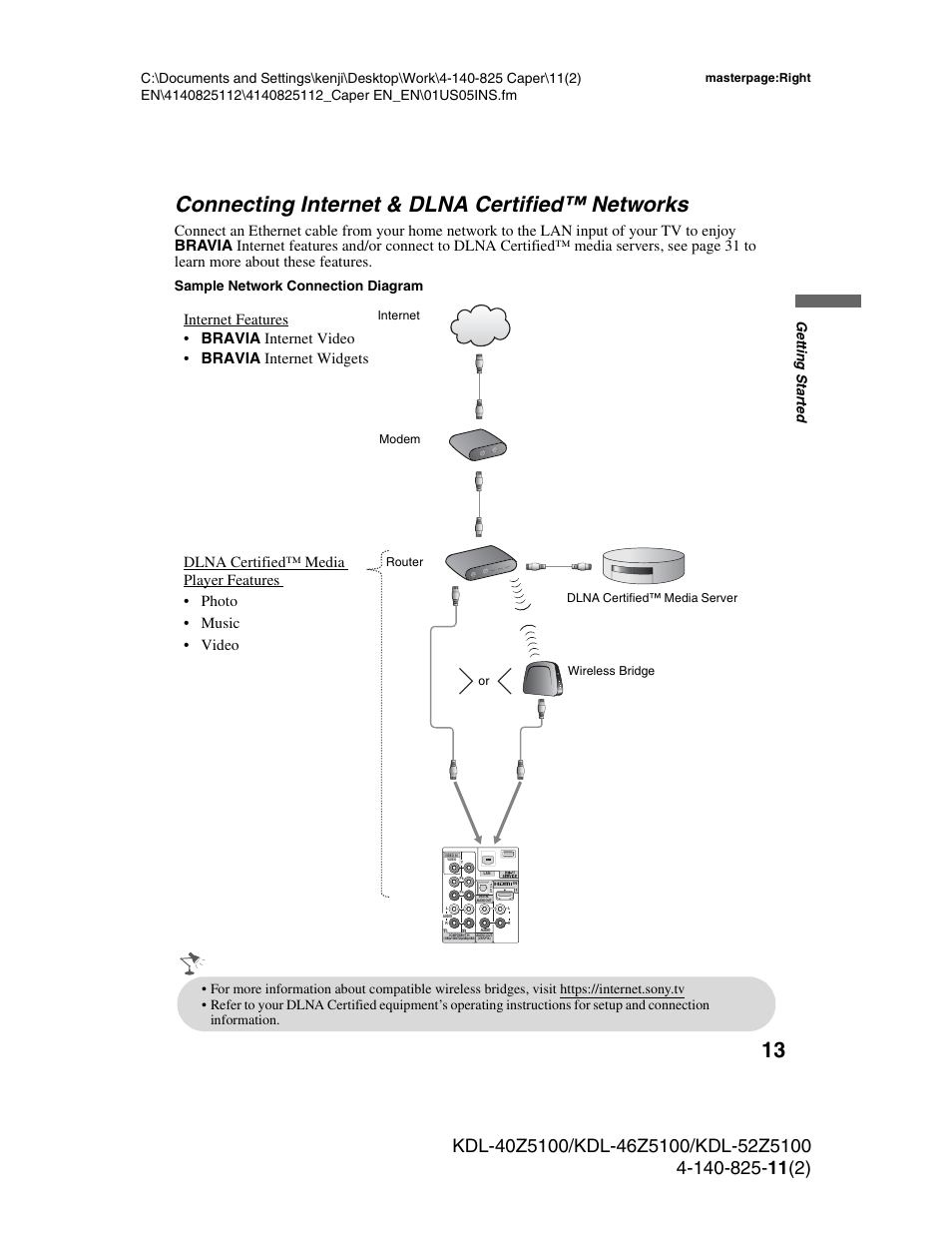 Connecting internet & dlna certified™ networks, Connecting internet & dlna certified, Networks | 13 connecting internet & dlna certified™ networks | Sony KDL-52Z5100 User Manual | Page 13 / 48