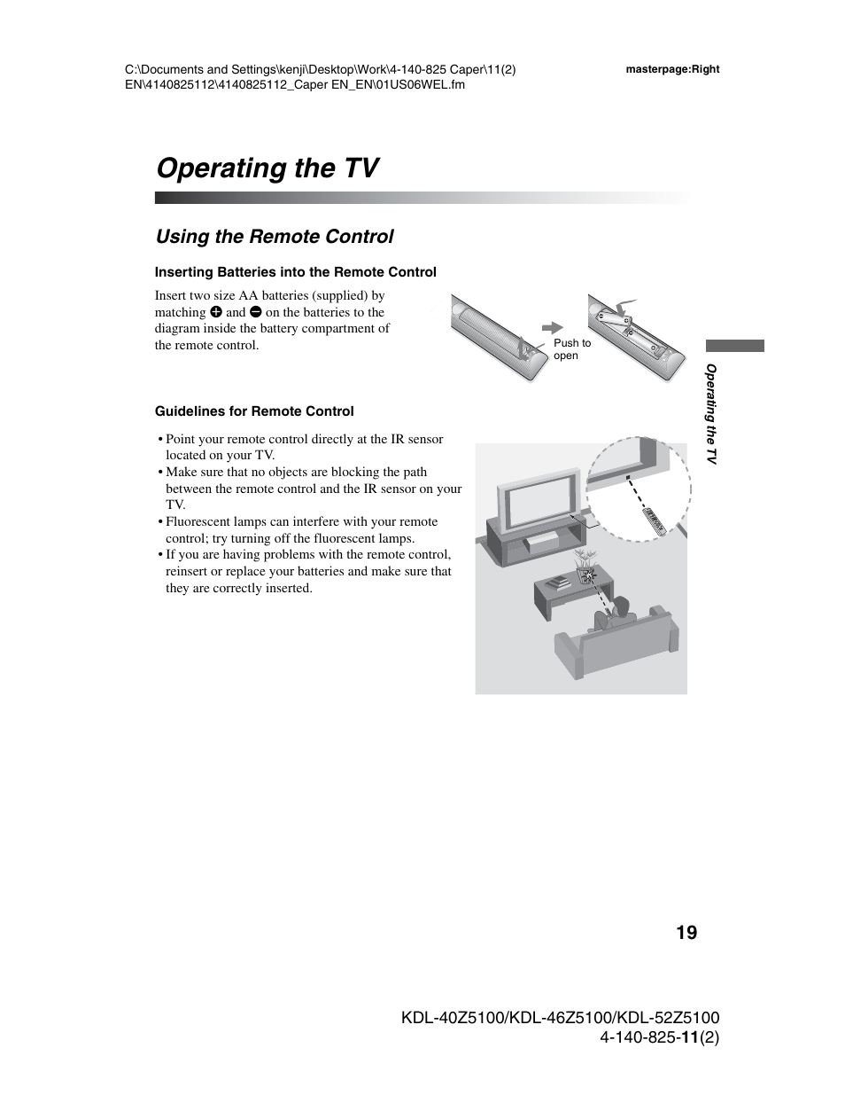 Operating the tv, Using the remote control | Sony KDL-52Z5100 User Manual | Page 19 / 48