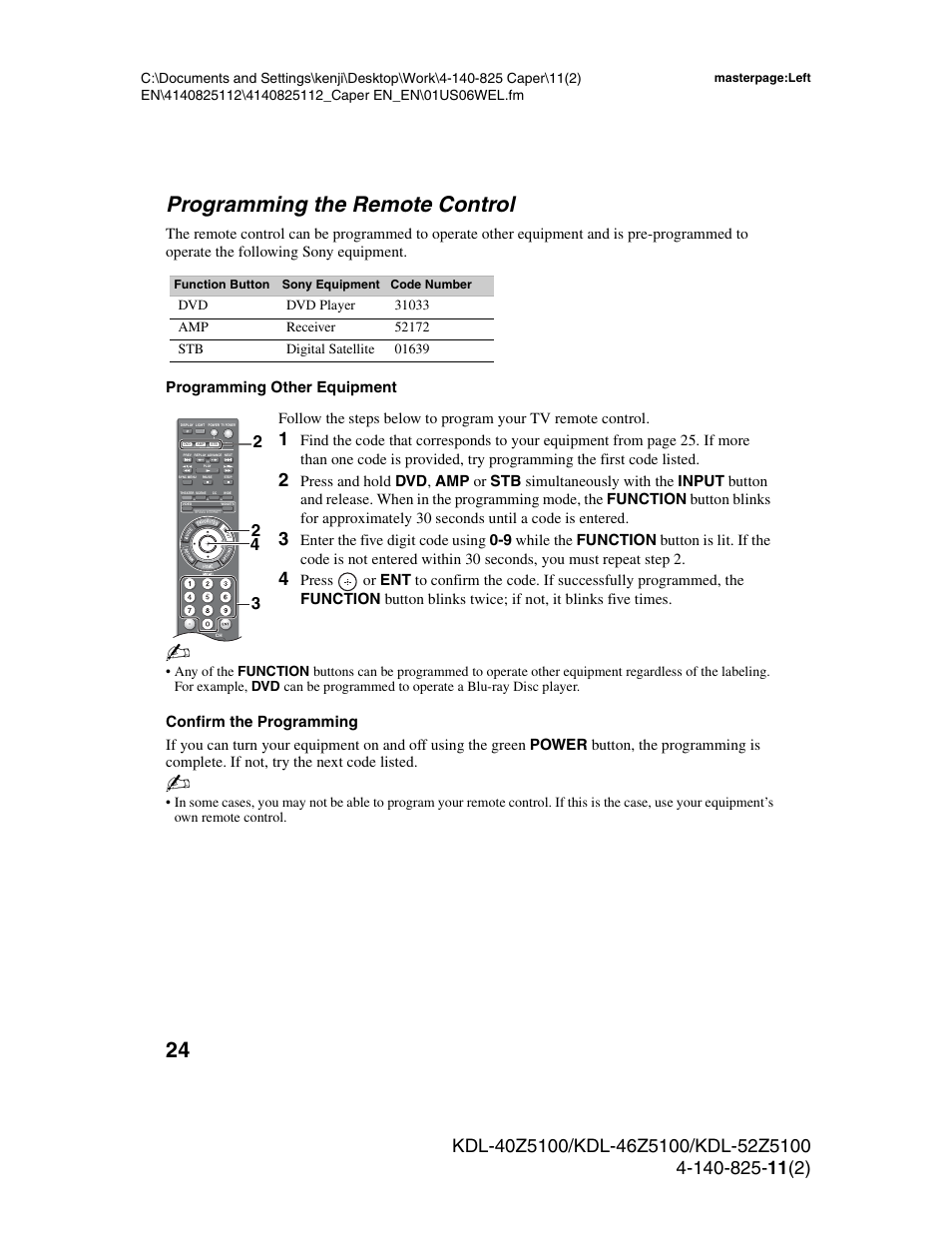 Programming the remote control, Confirm the programming | Sony KDL-52Z5100 User Manual | Page 24 / 48