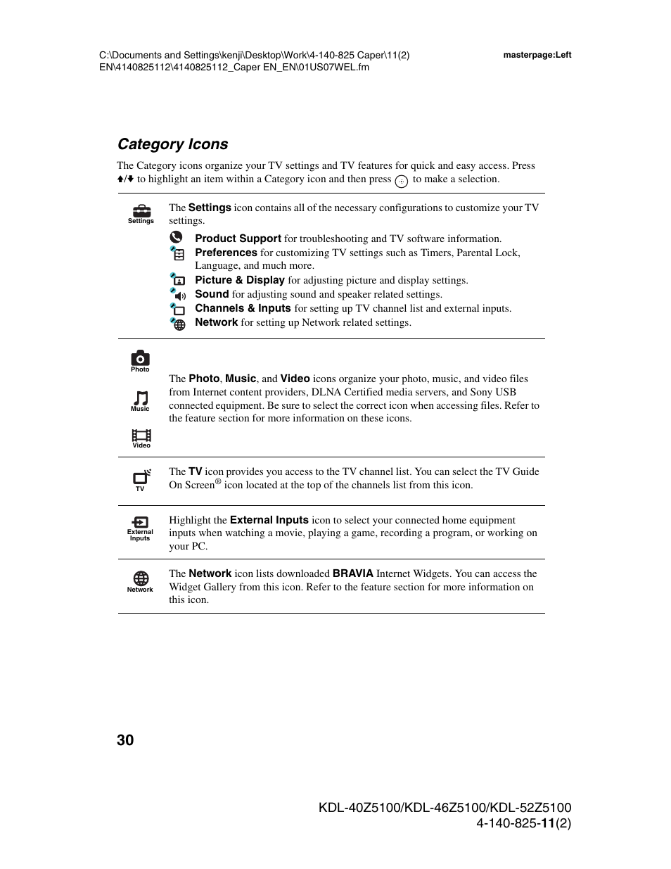 Category icons, Settings, Photo | Music, Video, External inputs, Network | Sony KDL-52Z5100 User Manual | Page 30 / 48