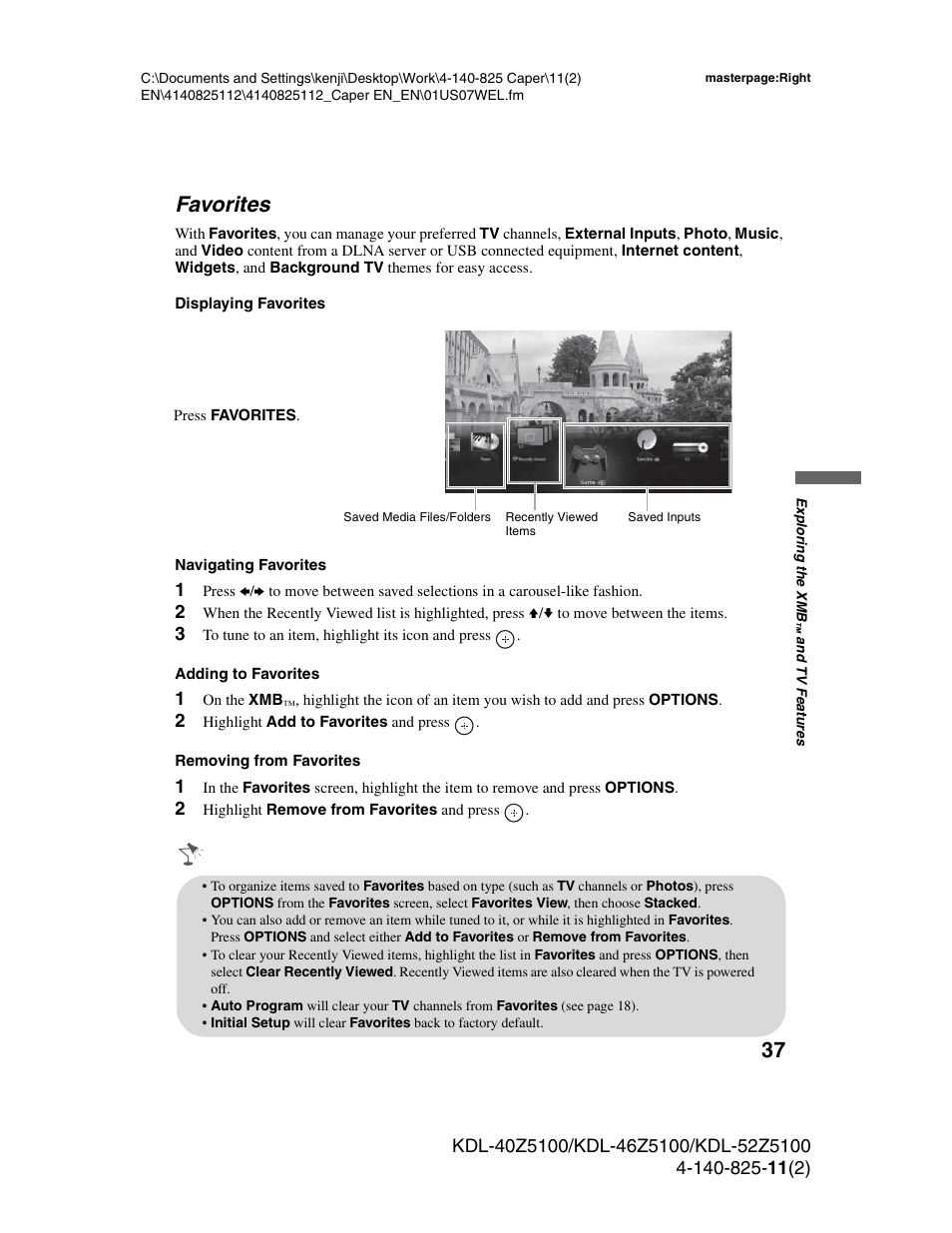 Favorites, 37 favorites | Sony KDL-52Z5100 User Manual | Page 37 / 48