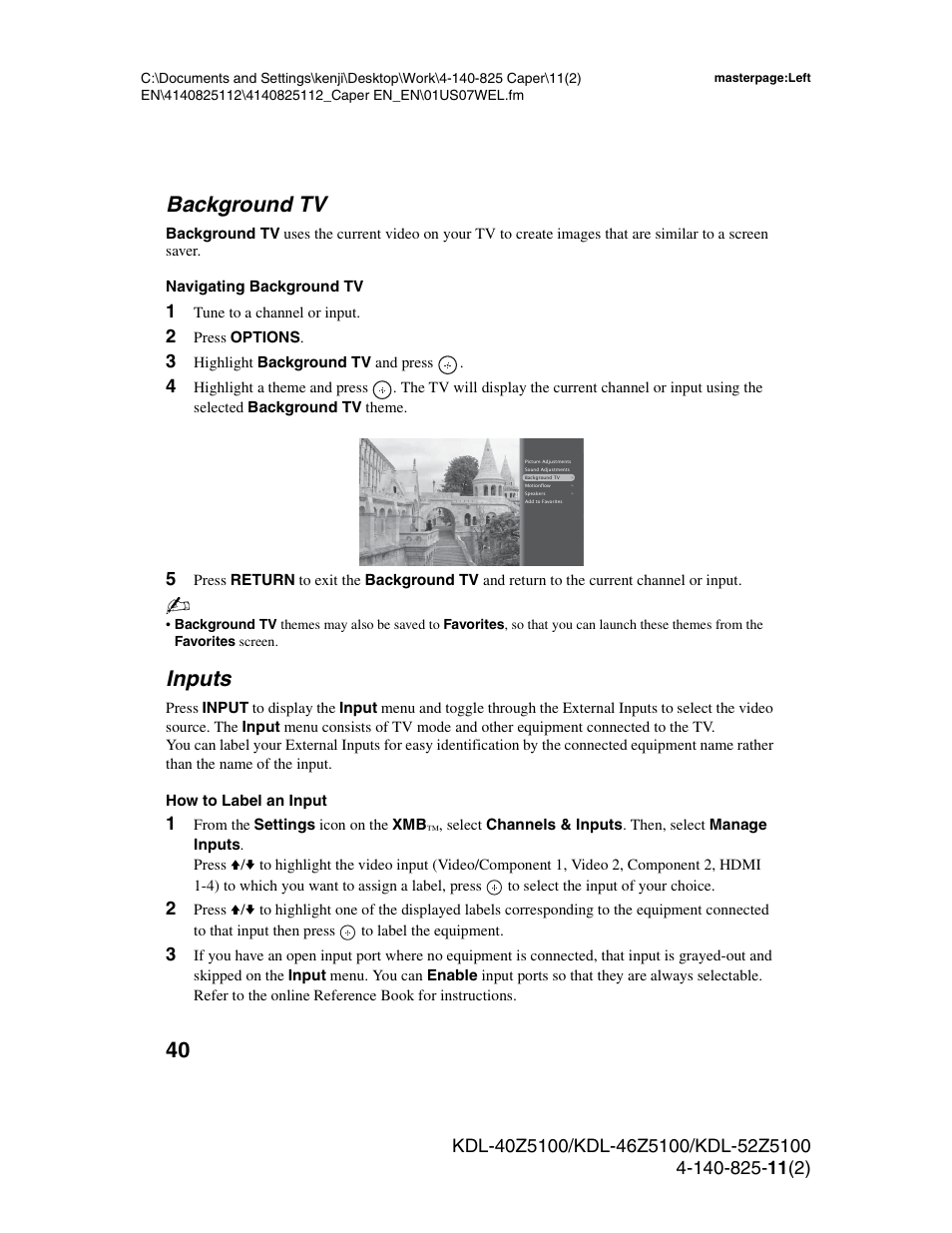 Background tv, Inputs, Background tv inputs | Sony KDL-52Z5100 User Manual | Page 40 / 48