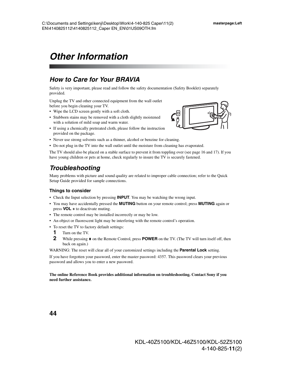 Other information, How to care for your bravia, Troubleshooting | How to care for your bravia troubleshooting | Sony KDL-52Z5100 User Manual | Page 44 / 48