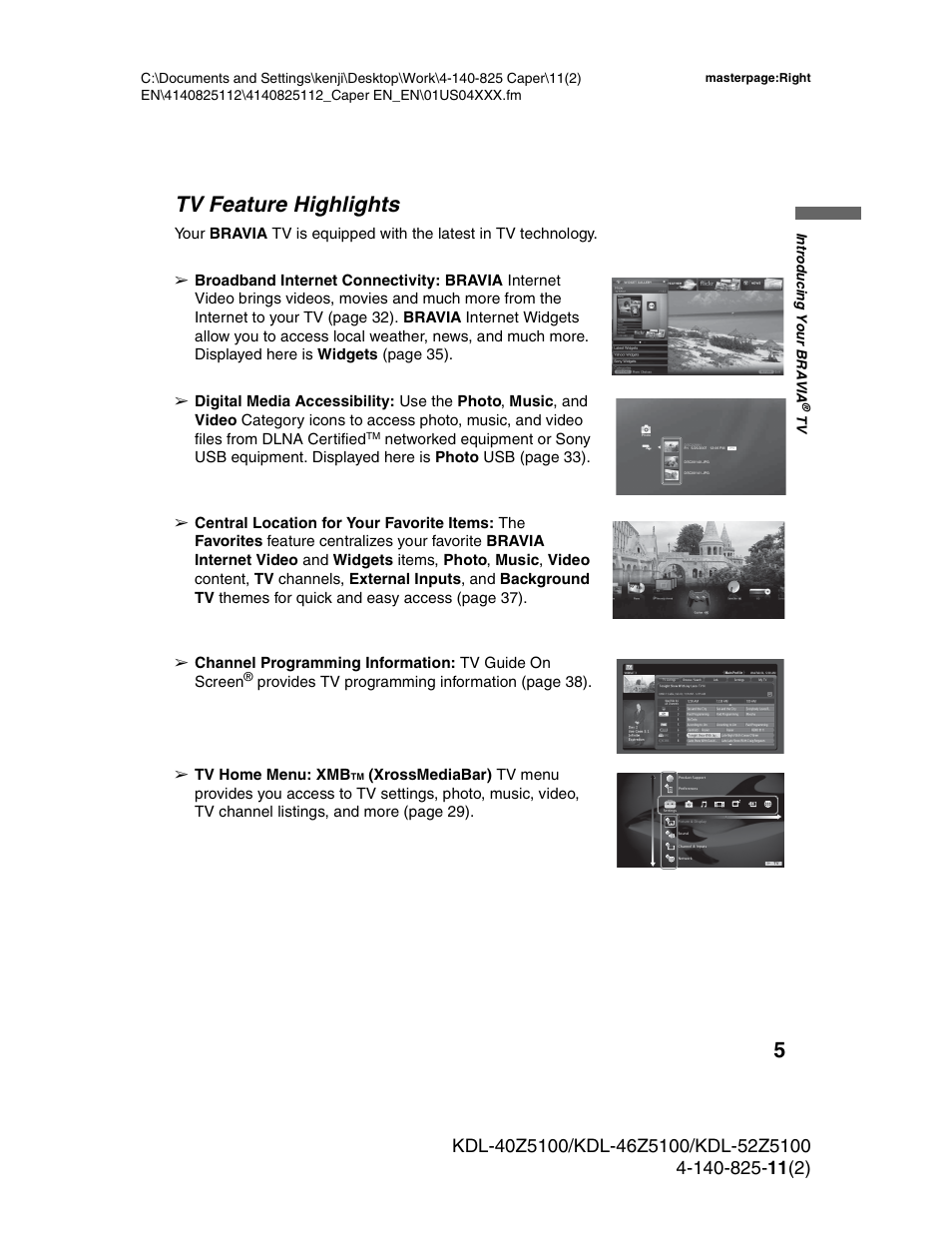 Tv feature highlights, 5tv feature highlights | Sony KDL-52Z5100 User Manual | Page 5 / 48