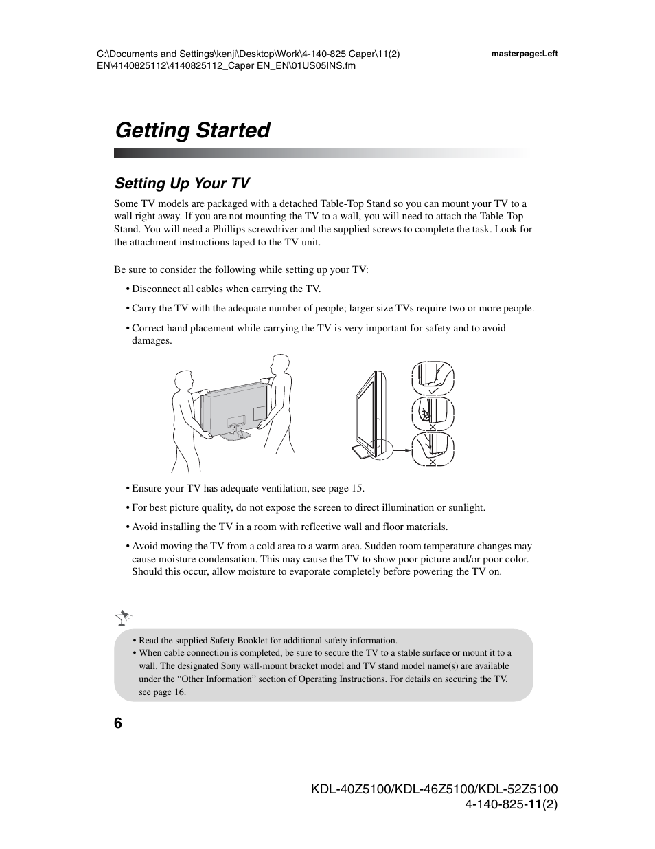 Getting started, Setting up your tv | Sony KDL-52Z5100 User Manual | Page 6 / 48