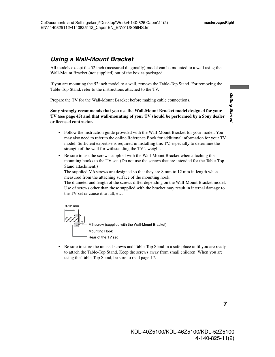 Using a wall-mount bracket, 7using a wall-mount bracket | Sony KDL-52Z5100 User Manual | Page 7 / 48