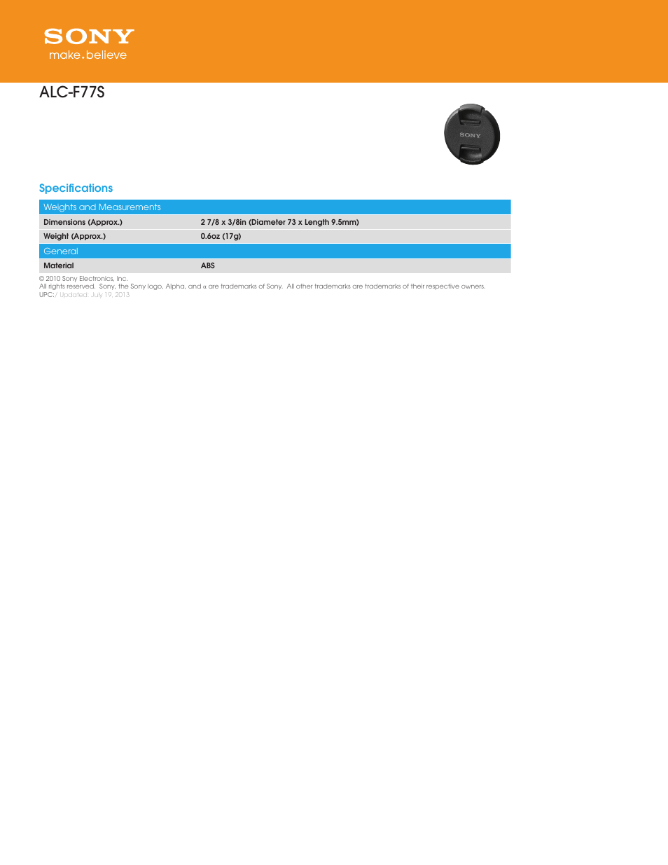 Sony ALC-F77S User Manual | 1 page