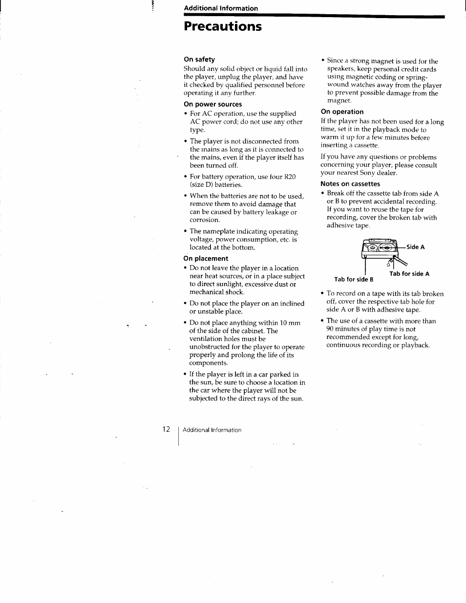 Precautions | Sony CFM-A50 User Manual | Page 12 / 16