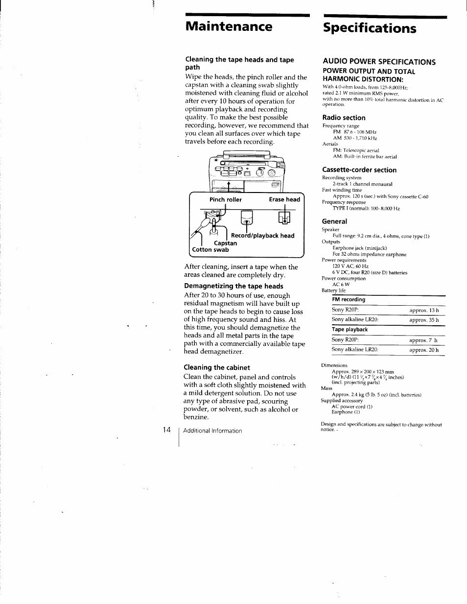 Maintenance specifications | Sony CFM-A50 User Manual | Page 14 / 16