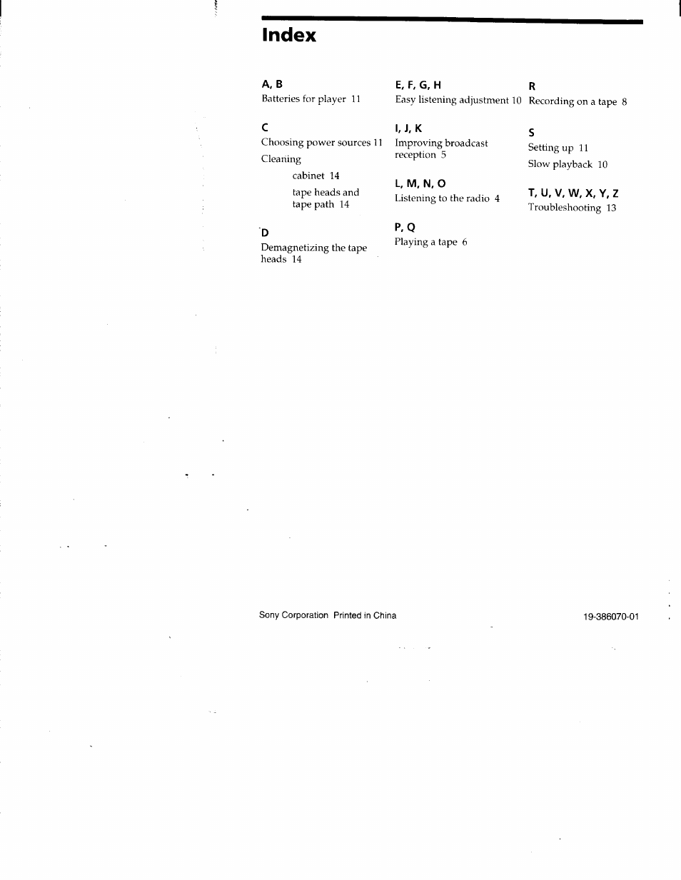 Index | Sony CFM-A50 User Manual | Page 16 / 16