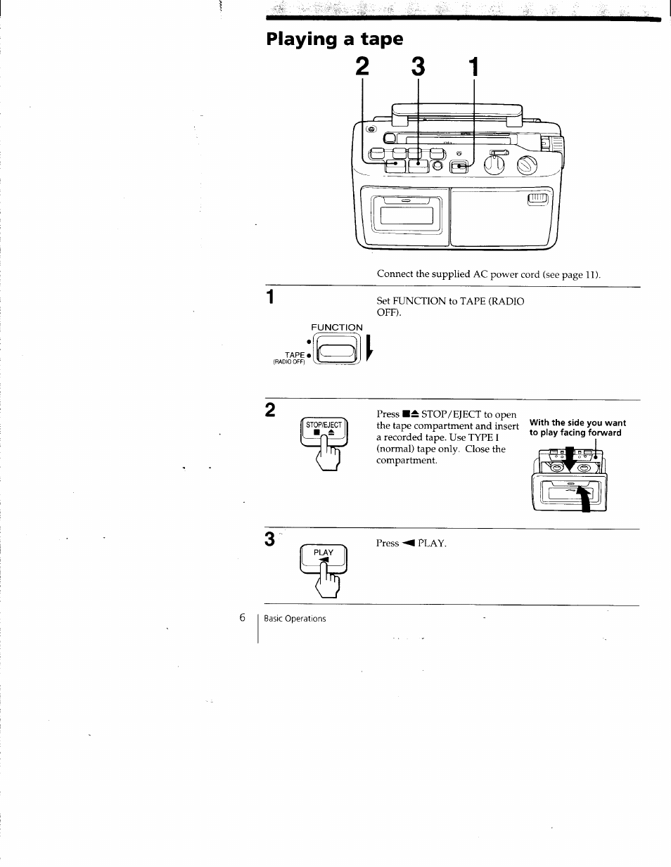 Playing a tape | Sony CFM-A50 User Manual | Page 6 / 16