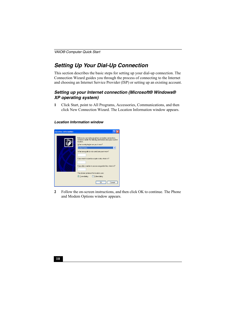 Setting up your dial-up connection | Sony PCG-R505ECP User Manual | Page 10 / 60