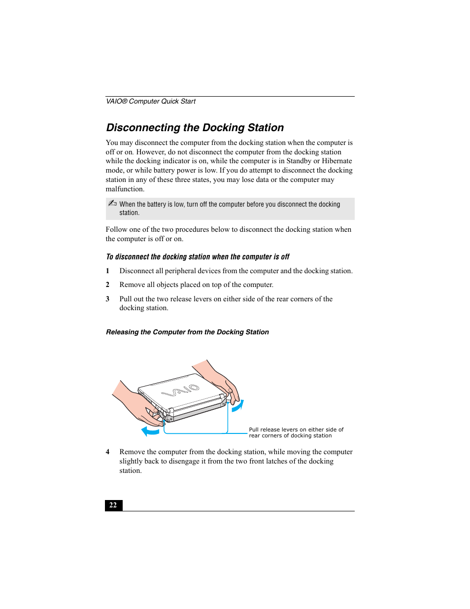 Disconnecting the docking station | Sony PCG-R505ECP User Manual | Page 22 / 60