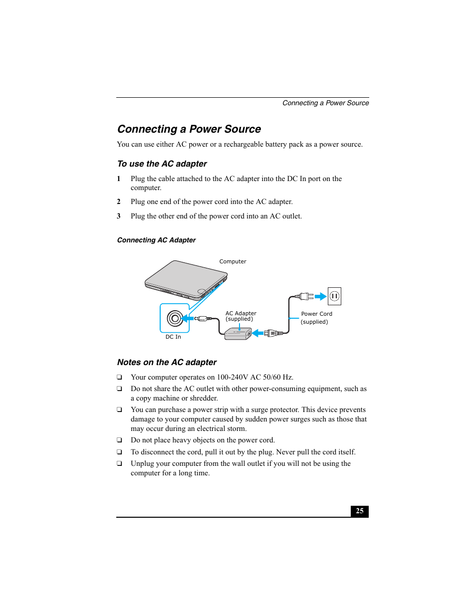 Connecting a power source, To use the ac adapter, Notes on the ac adapter | Sony PCG-R505ECP User Manual | Page 25 / 60