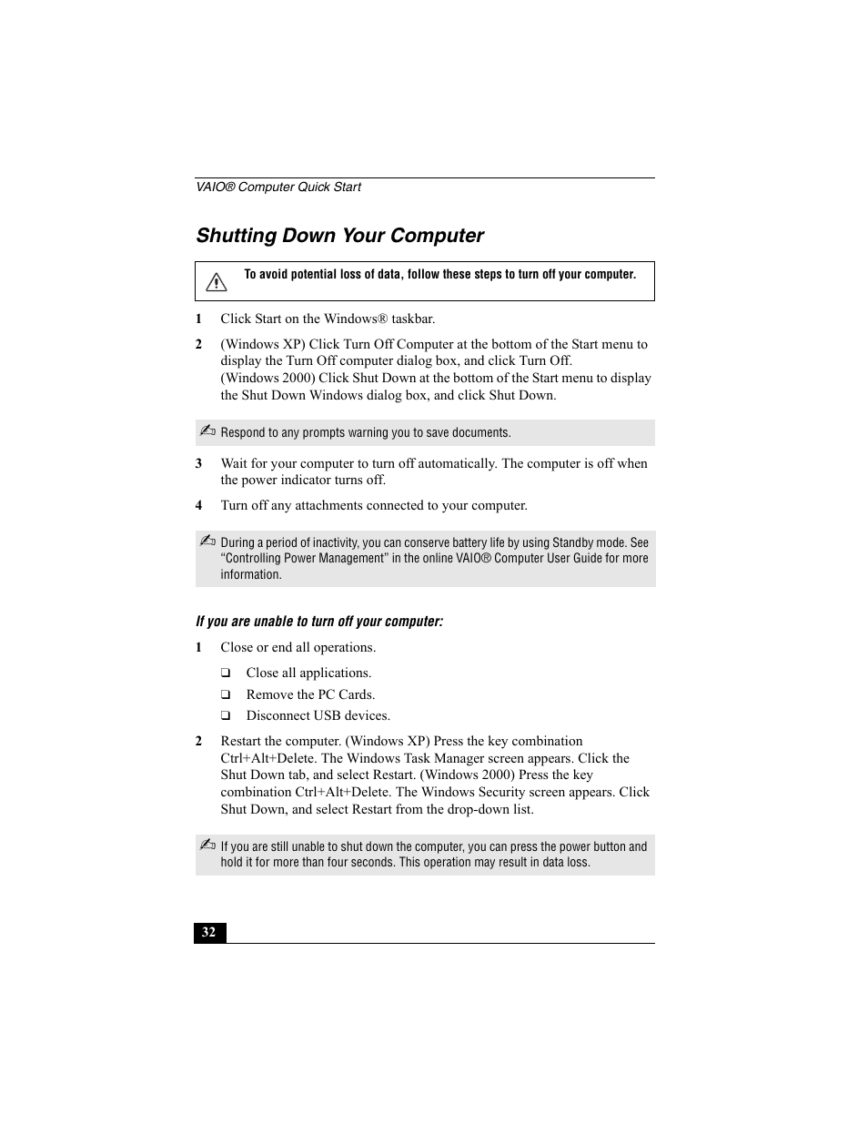 Shutting down your computer | Sony PCG-R505ECP User Manual | Page 32 / 60