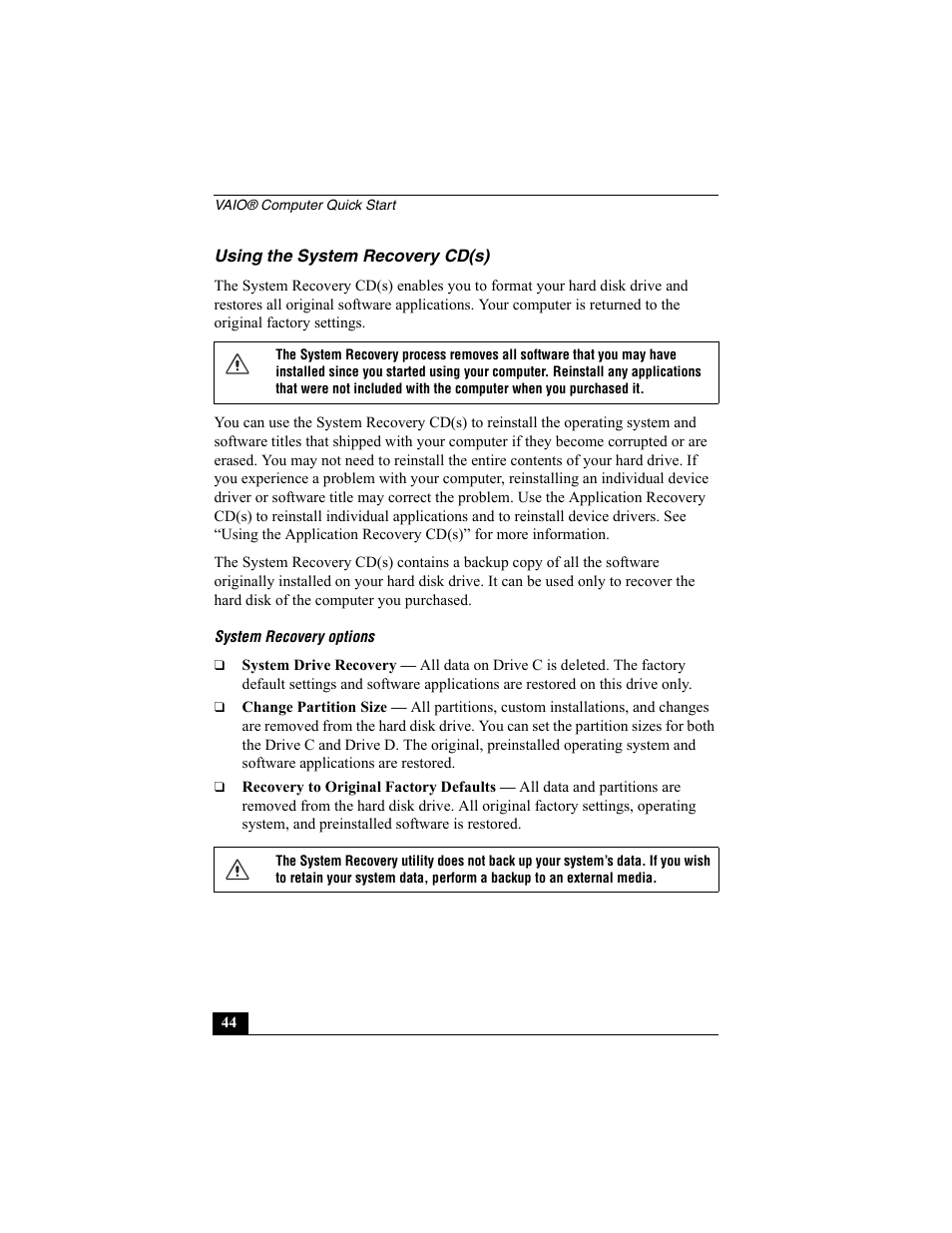 Using the system recovery cd(s) | Sony PCG-R505ECP User Manual | Page 44 / 60