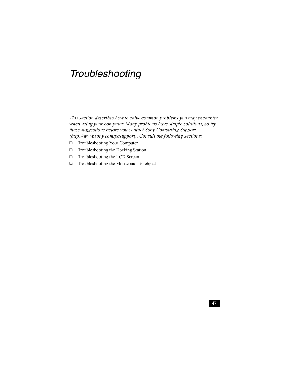 Troubleshooting | Sony PCG-R505ECP User Manual | Page 47 / 60