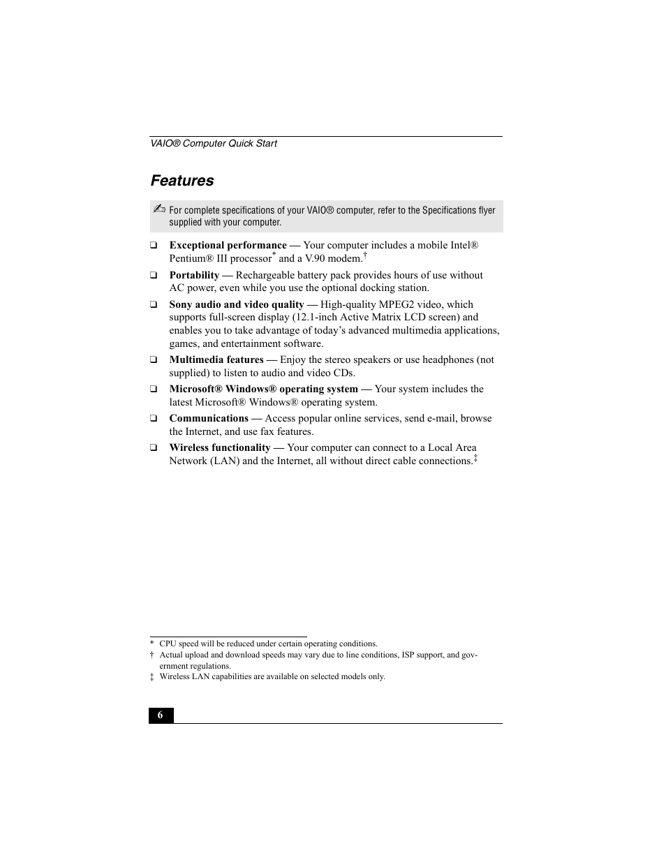 Features | Sony PCG-R505ECP User Manual | Page 6 / 60