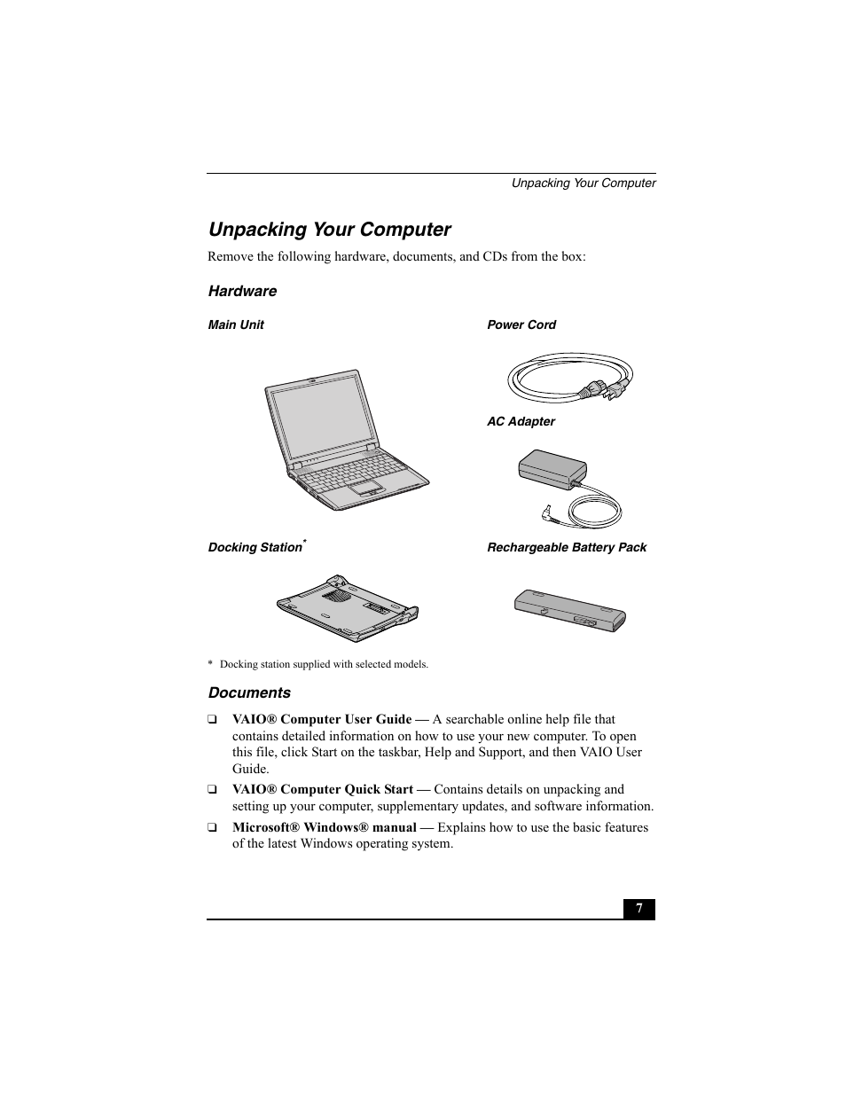 Unpacking your computer, Hardware, Documents | Sony PCG-R505ECP User Manual | Page 7 / 60