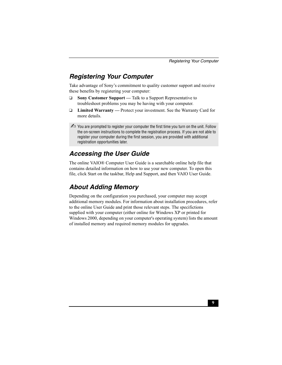 Registering your computer, Accessing the user guide, About adding memory | Sony PCG-R505ECP User Manual | Page 9 / 60