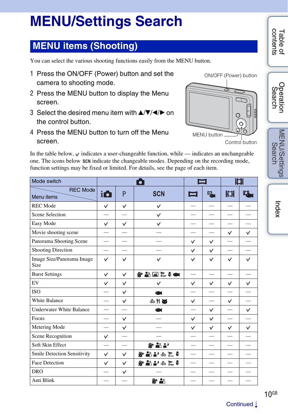 Menu/settings search, Se ar, Ttin | Menu items (shooting) | Sony DSC-W560 User Manual | Page 10 / 141