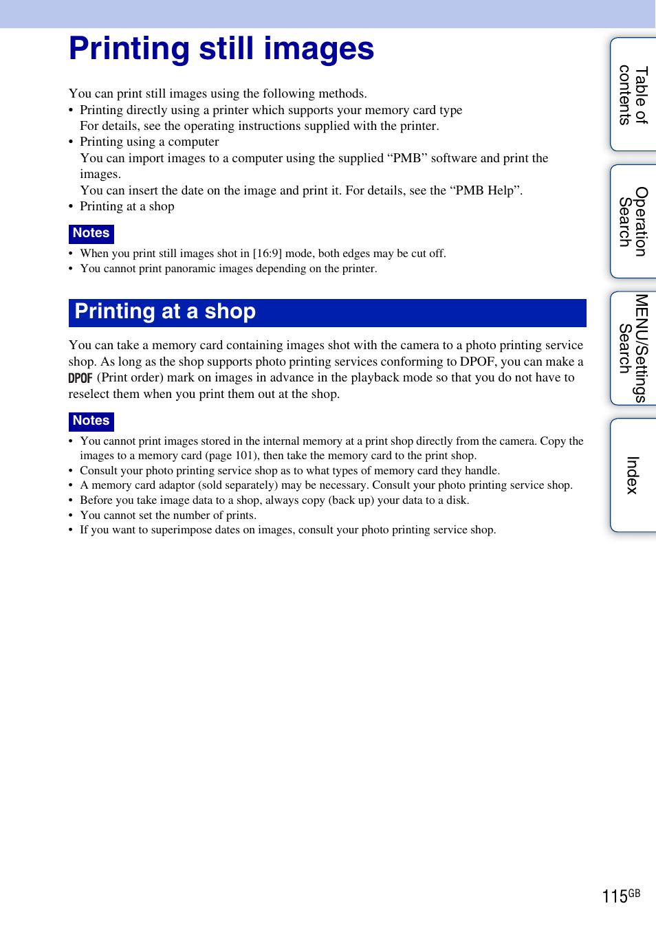 Printing still images, Printing at a shop | Sony DSC-W560 User Manual | Page 115 / 141