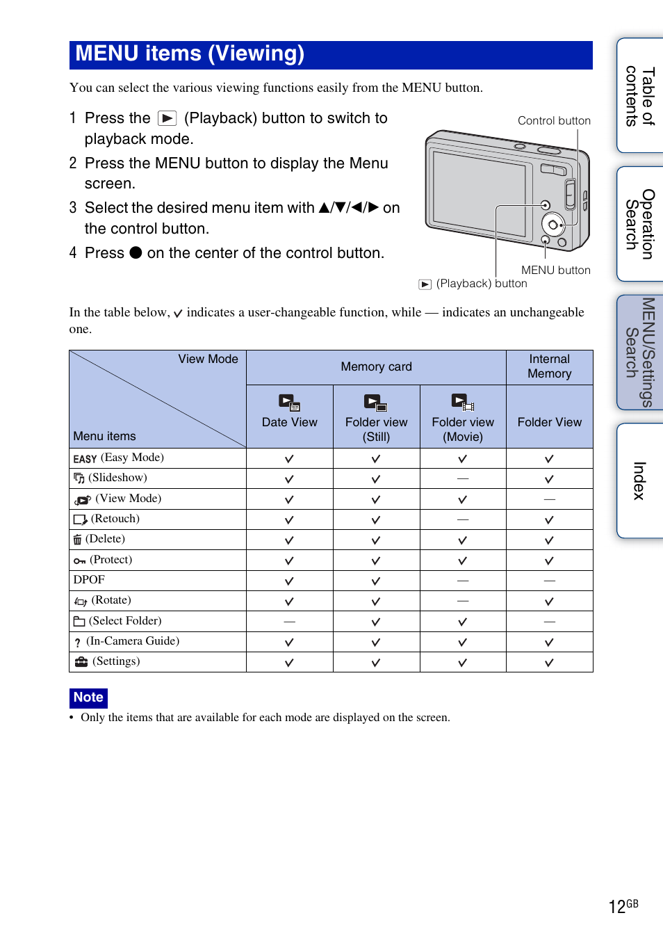 Menu items (viewing) | Sony DSC-W560 User Manual | Page 12 / 141