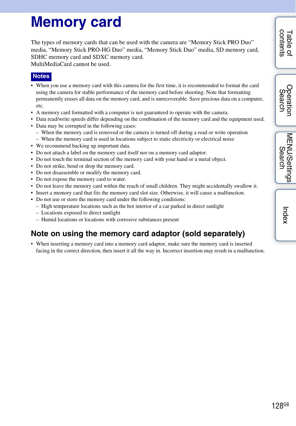 Memory card | Sony DSC-W560 User Manual | Page 128 / 141