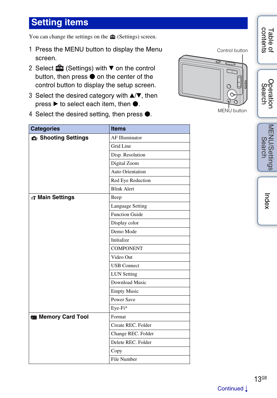 Setting items | Sony DSC-W560 User Manual | Page 13 / 141