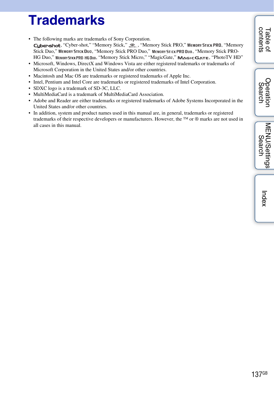 Trademarks | Sony DSC-W560 User Manual | Page 137 / 141