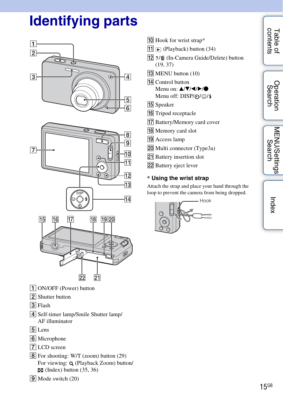Identifying parts | Sony DSC-W560 User Manual | Page 15 / 141