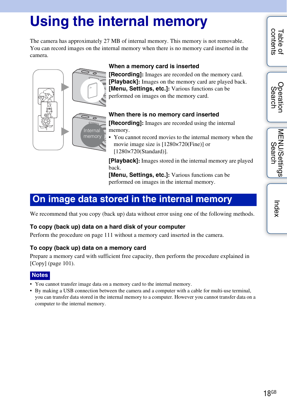 Using the internal memory | Sony DSC-W560 User Manual | Page 18 / 141