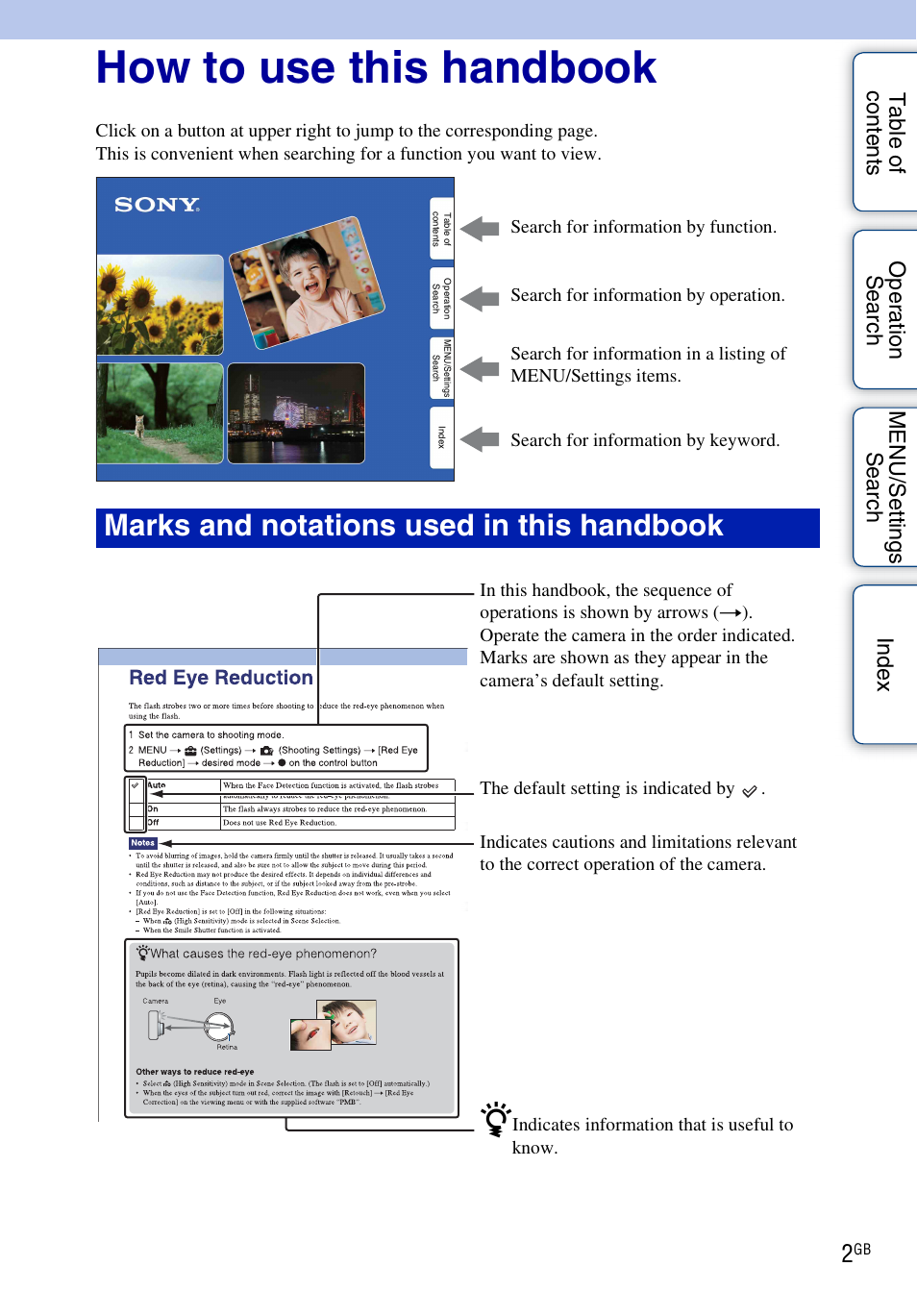 How to use this handbook, Marks and notations used in this handbook | Sony DSC-W560 User Manual | Page 2 / 141