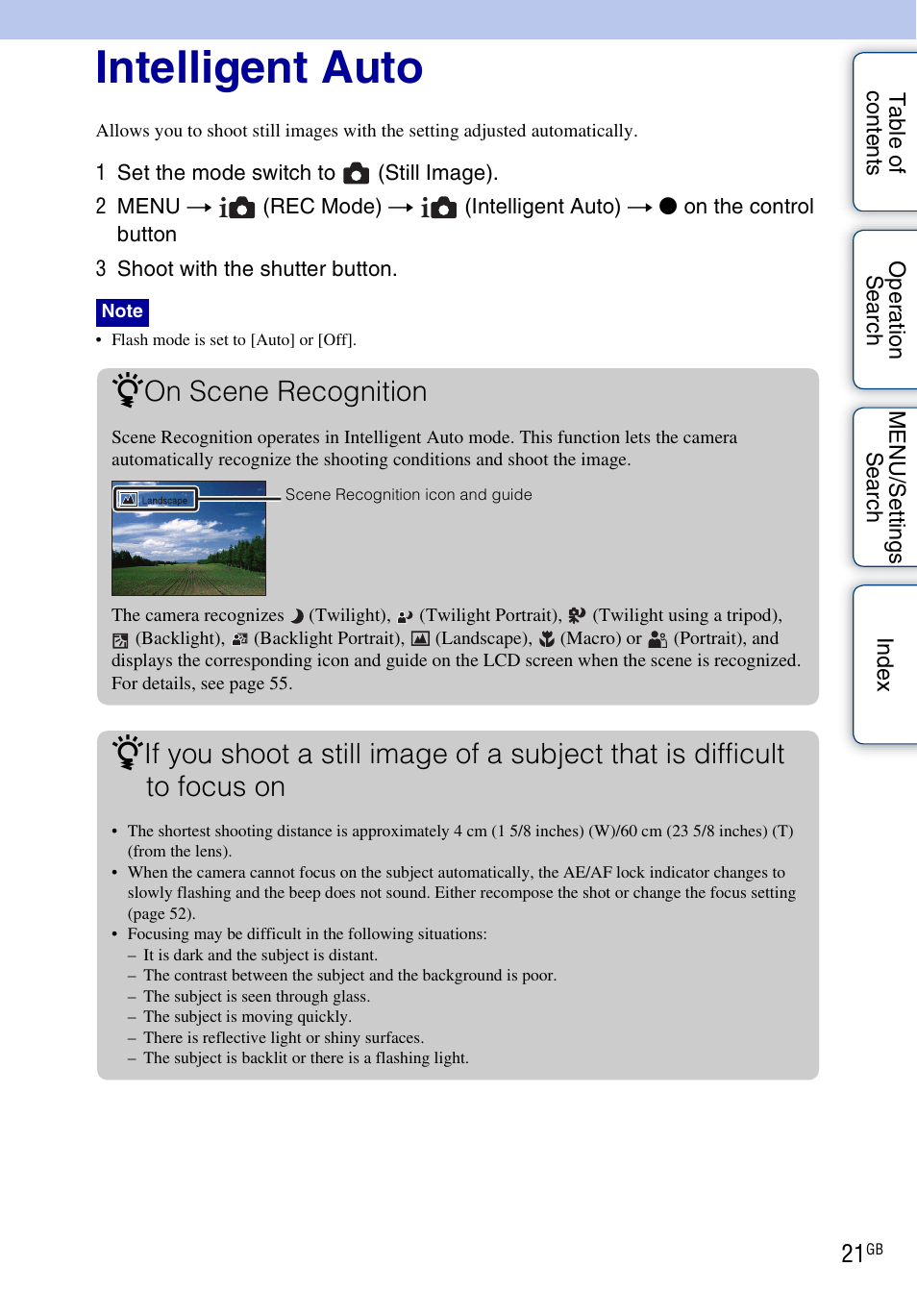 Intelligent auto, On scene recognition | Sony DSC-W560 User Manual | Page 21 / 141