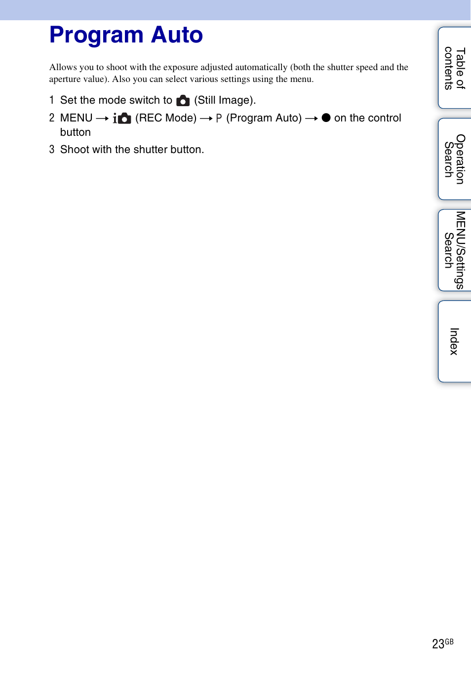 Program auto | Sony DSC-W560 User Manual | Page 23 / 141