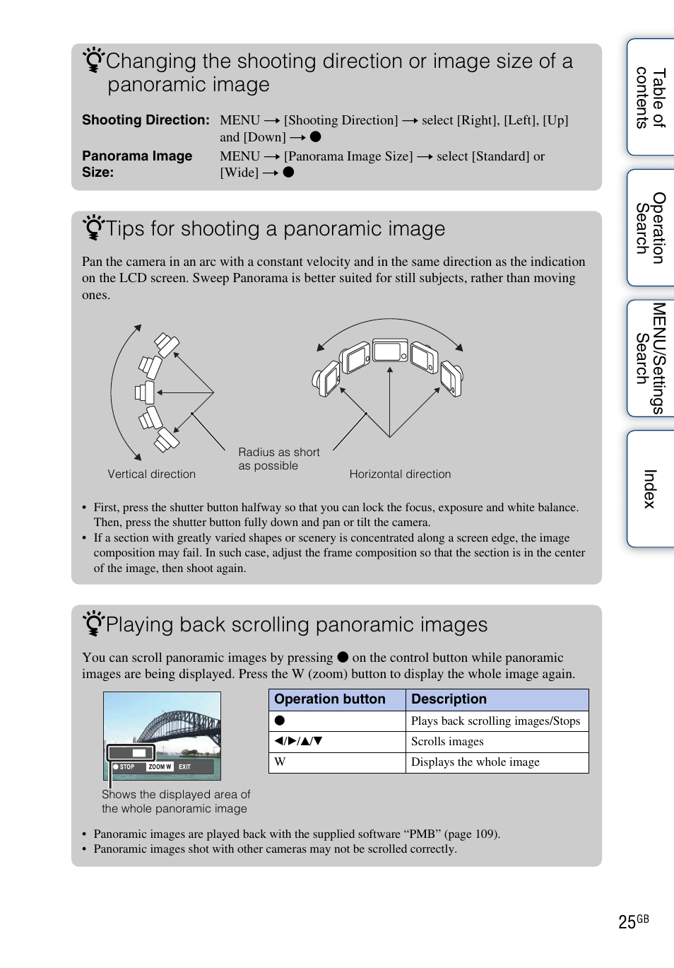 Tips for shooting a panoramic image, Playing back scrolling panoramic images | Sony DSC-W560 User Manual | Page 25 / 141