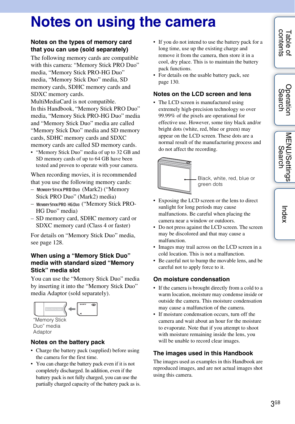 Notes on using the camera | Sony DSC-W560 User Manual | Page 3 / 141