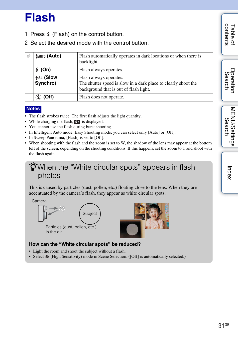 Flash | Sony DSC-W560 User Manual | Page 31 / 141