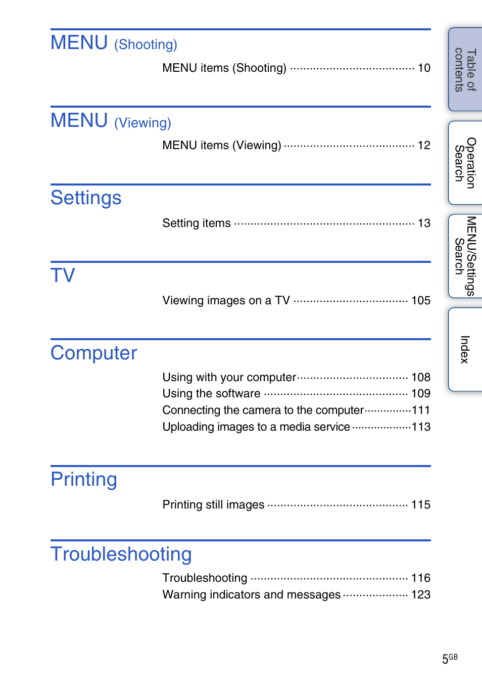 Menu, Settings, Computer | Printing, Troubleshooting | Sony DSC-W560 User Manual | Page 5 / 141