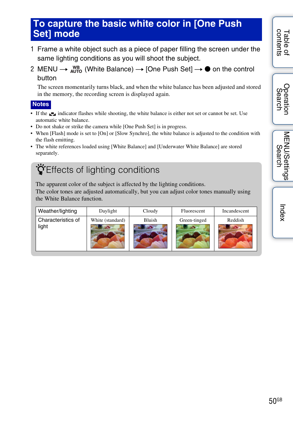 Effects of lighting conditions | Sony DSC-W560 User Manual | Page 50 / 141