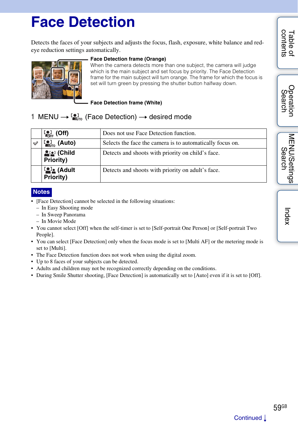 Face detection | Sony DSC-W560 User Manual | Page 59 / 141