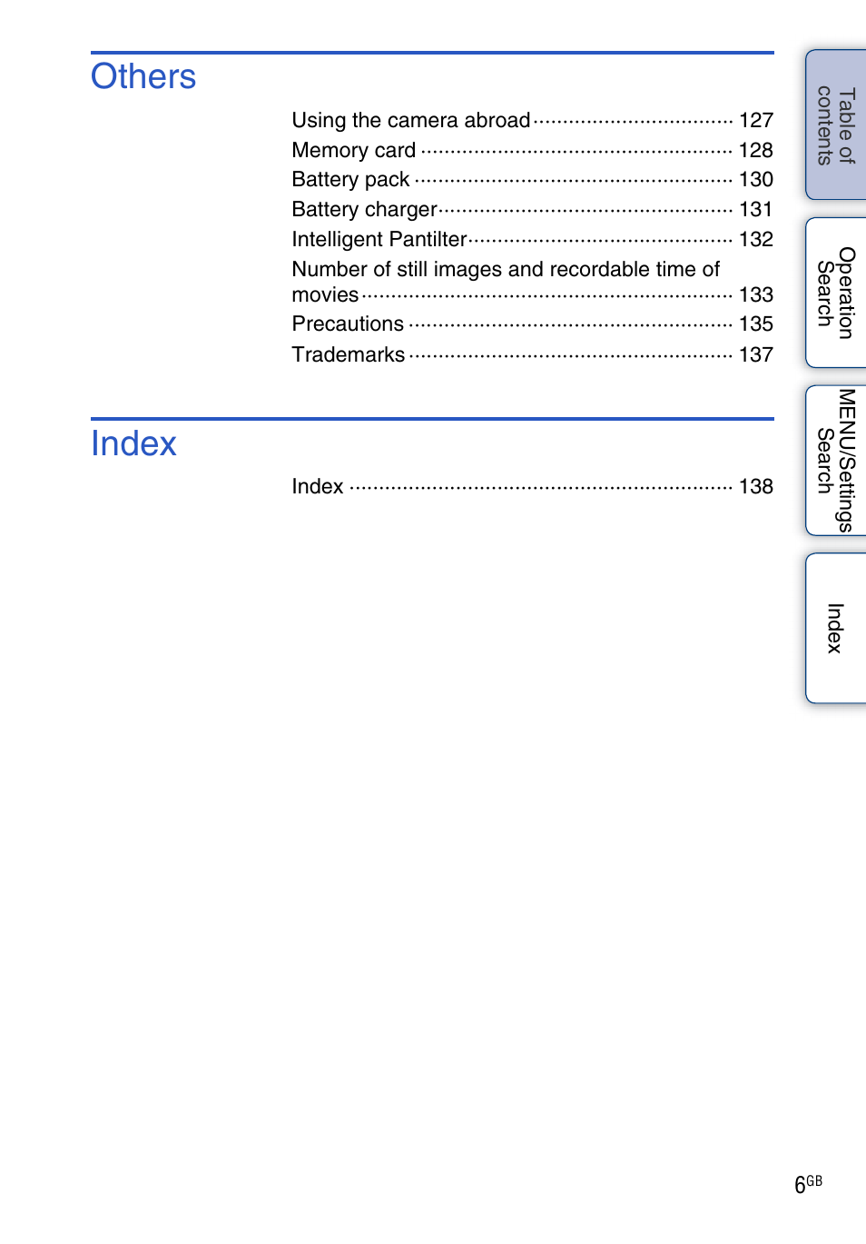 Others, Index | Sony DSC-W560 User Manual | Page 6 / 141