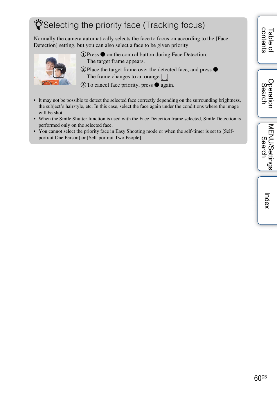 Selecting the priority face (tracking focus) | Sony DSC-W560 User Manual | Page 60 / 141